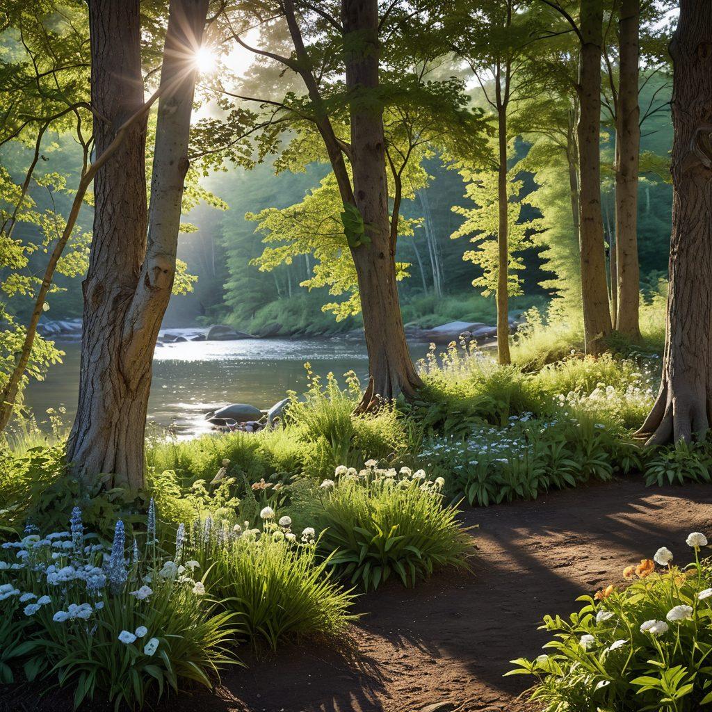 An ethereal forest scene featuring a serene natural burial site, adorned with wildflowers and native plants, surrounded by towering trees and soft sunlight filtering through the leaves. Include a peaceful river in the background, symbolizing the cycle of life. Gentle hints of biodegradable memorial options such as tree saplings and stone markers. super-realistic. vibrant colors. soft focus.