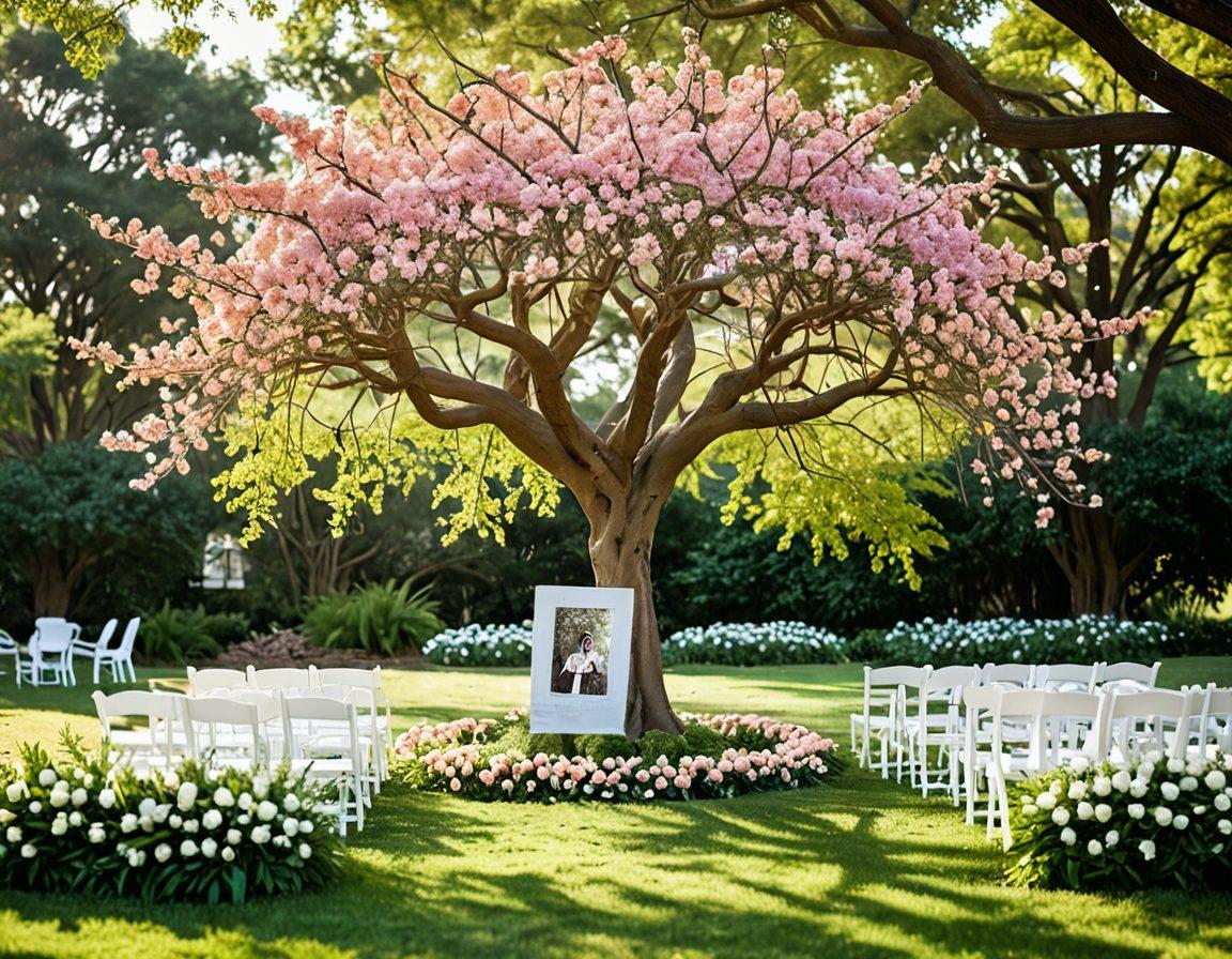 A serene outdoor scene depicting a beautiful green park setting for a celebration of life, featuring biodegradable flower arrangements, a wooden memorial tree, and family members gathered in a circle. Soft sunlight filters through the leaves, casting a warm glow on their faces. A gentle breeze rustles the leaves, symbolizing the connection between life and nature. Pastel colors enhance the peaceful atmosphere. super-realistic. vibrant colors. soft focus.