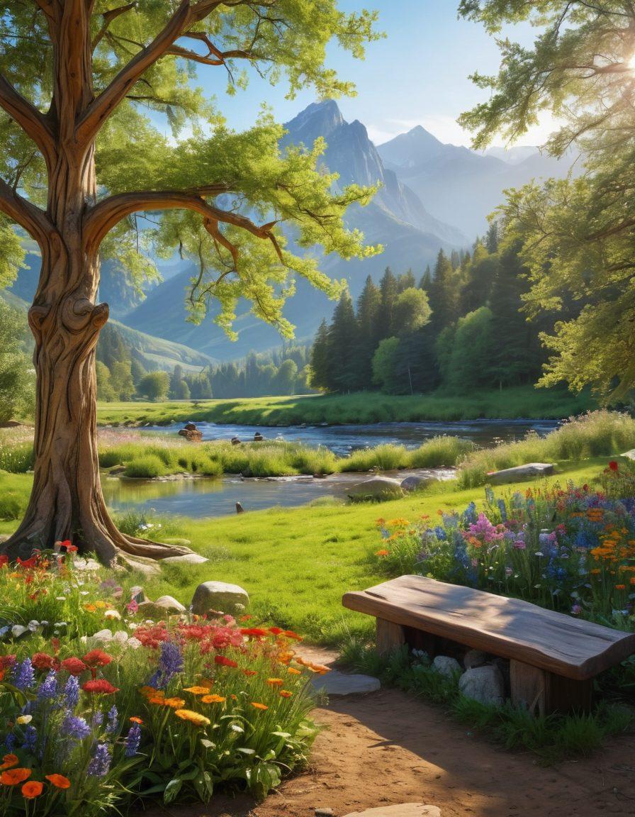 A serene landscape featuring a lush green meadow with wildflowers, a gentle flowing river nearby, and a carved wooden memorial tree adorned with biodegradable ornaments. Soft sunlight filters through the leaves, creating a tranquil atmosphere. In the background, a distant mountain range symbolizes eternity. Super-realistic. vibrant colors. tranquil ambiance.